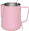 Amrules Milk Frothing Pitcher, 20 oz Milk Frother Cup with Clear Scale, 304 Stainless Steel Cappuccino Espresso Machine Accessories for Barista Coffee Bar with Latte Art Pen, Pink