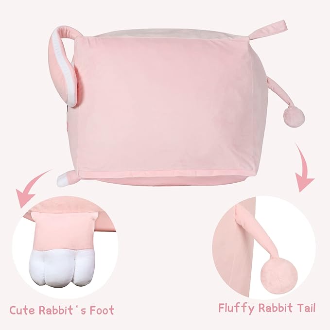Big Ear Rabbit Toy Organizers and Storage, Cute Bean Bag Chair Pink for Girls Room Decorations, Large Size 22x24 Inch Velvet Extra Soft, Cover ONLY