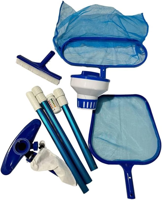 FibroPool Above Ground Swimming Pool Maintenance Kit - Telescoping Pole, Leaf Rake, Vacuum, Brush, Floating Chlorinator, Leaf Net and Test Strips