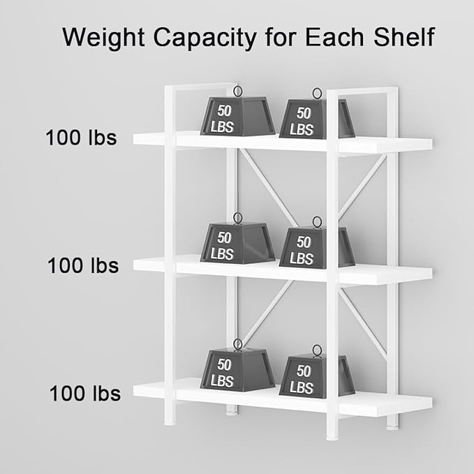 HSH 3 Tier White Bookshelf, Modern Small 3 Shelf Bookcase, Industrial Metal Wood Storage Shelves and Display Book Rack, Farmhouse Open Low Book shelf for Bedroom Living Room Office, White Oak