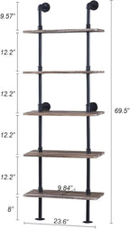 HOMBAZAAR Industrial Bookshelf, 5-Tier Industrial Pipe Bookshelf, Wall Mounted Ladder Shelves with Metal Frame for Home Office, Living Room, Oak Brown