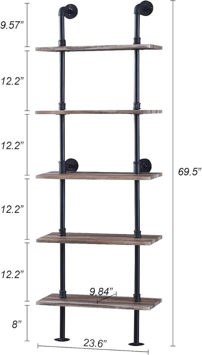 HOMBAZAAR Industrial Bookshelf, 5-Tier Industrial Pipe Bookshelf, Wall Mounted Ladder Shelves with Metal Frame for Home Office, Living Room, Oak Brown