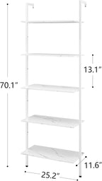 Tajsoon 25.2''W Ladder Shelf Bookshelf, 5 Tier Wall Shelf with Metal Frame, Modern Open Wall Mount Bookcases for Home, Office, Balcony, Plant Flower, White