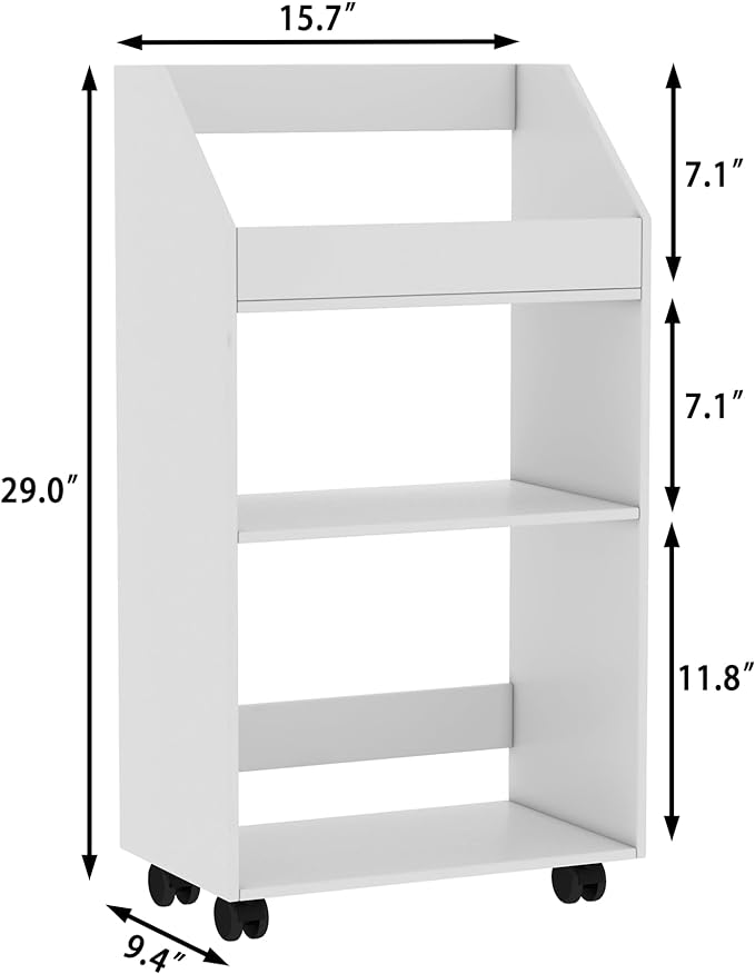 3-Tier Mobile Bookshelf, White Bookcase with Wheels, Rolling File Holder Desk File Book Organizer for Home Office Living Room School