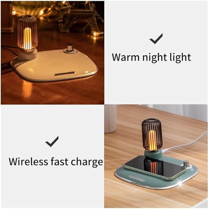 Bedside Desk Table Lamp LED with Wireless Charger Night Sleep Light Mode Dimmable Control Rotary Switch Rustic Simple Rotary Switch Metal Lamps cage QI Fast Charging Pad (White)