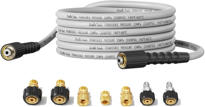 Giraffe Tools Pressure Washer Hose 25FT X 1/4", 3200 PSI Pressure Washing Hose, Kink Resistant, Heavy Duty Power Washer Hose, M22 to 3/8" Quick Connect Couplers for Replacement, 7 Accessories