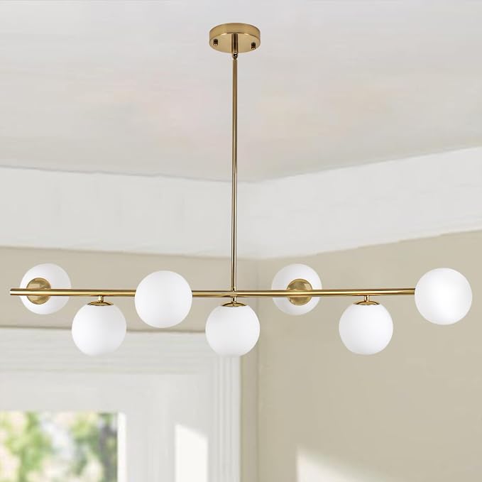 Modern Linear Gold Chandelier for Dining Room, 7-Light Adjustable Dimmable Ceiling Light with Glass Globes, Kitchen Island Pendant Lighting Mid Century Light Fixture for Living Room Bedroom Foyer