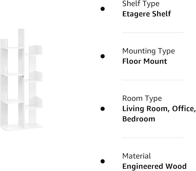 VASAGLE Bookcase, Tree-Shaped Bookshelf with 8 Storage Shelves, Rounded Corners, White 9.8D x 19.7W x 55.1H in, Engineered Wood