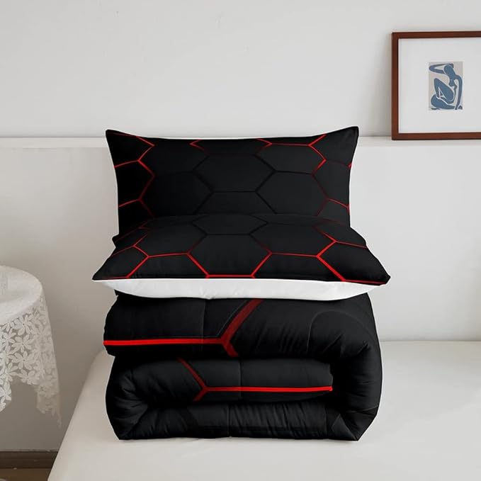 Honeycomb Bedding Set Honeycomb Modern Geometry Hexagon Theme Comforter Set for Kids Boys Children Geometrical Comforter Ultra Soft Beehive Black Red Decor Duvet Set Twin Size