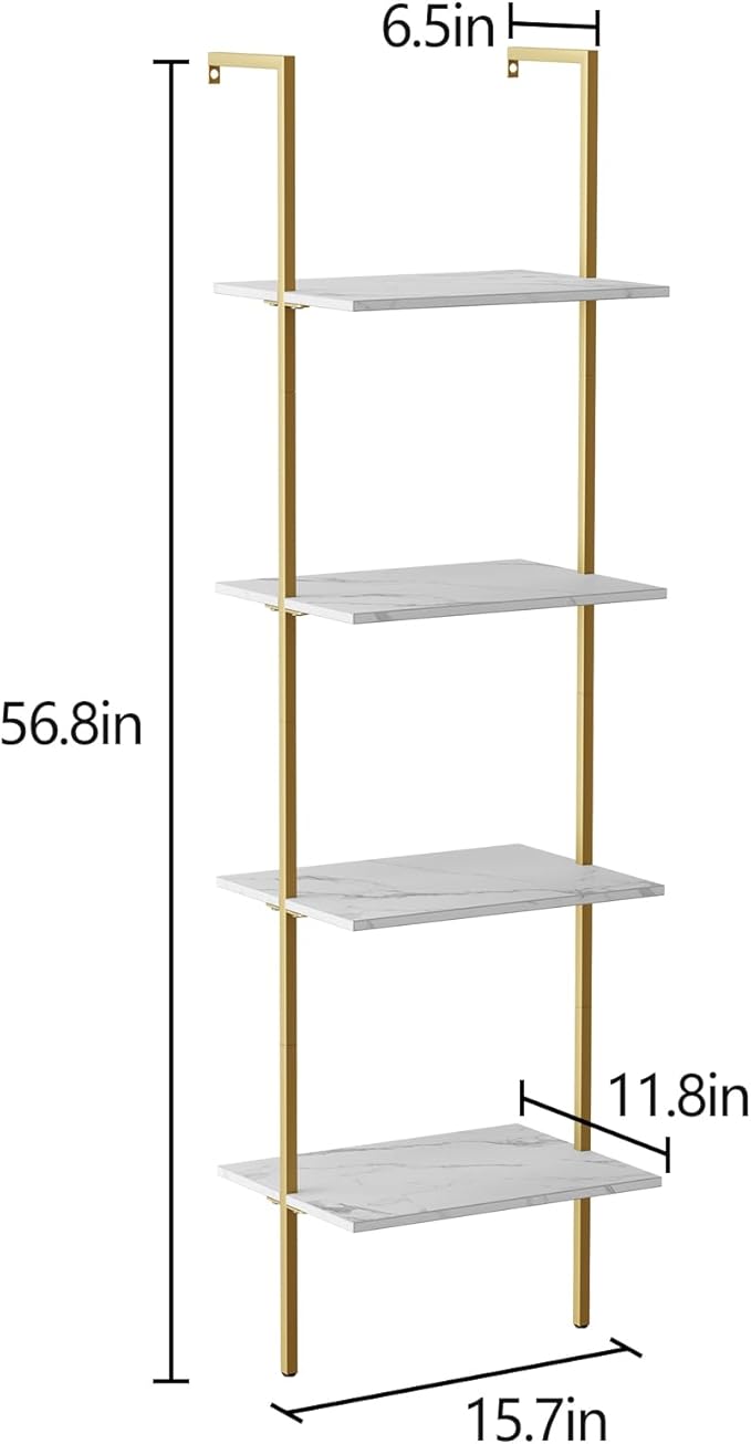 Ladder Shelf 4 Tiers Metal Industrial Bookshelf,White Marble Wood Tall Open Storage Rack and Display Shelves,Wall Mount Wide Book Case for Home Office Bedroom,Small