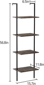 Ladder Shelf 4 Tiers Metal Industrial Bookshelf,Brown Wood Tall Open Storage Rack and Display Shelves,Wall Mount Wide Book Case for Home Office Bedroom,Small