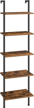HOOBRO DIY Ladder Shelf, 5-Tier Wooden Wall Mounted Bookshelf, Narrow Bookcase, Display Shelf, Storage Rack, Plant Stand, for Living Room, Bedroom, Study, Balcony, Rustic Brown and Black BF531CJ01