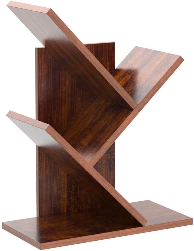 Tree Bookshelf, 3-Tier Small Book Storage Organizer Shelves Floor Standing Bookcase, Wood Storage Rack for Office Home School Shelf Display for Cd/Magazine(Rustic Brown)