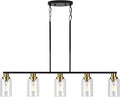Dining Room Light Fixture,5-Light Farmhouse Linear Chandeliers for Dining Room Over Table，Matte Black and Gold Finish Kitchen Island Pendant Lighting for Kitchen Island，Pool Table Light
