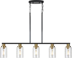 Dining Room Light Fixture,5-Light Farmhouse Linear Chandeliers for Dining Room Over Table，Matte Black and Gold Finish Kitchen Island Pendant Lighting for Kitchen Island，Pool Table Light