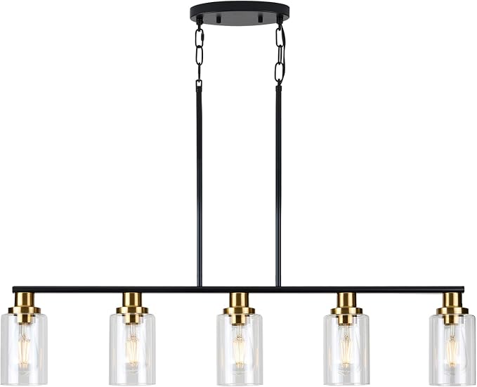 Dining Room Light Fixture,5-Light Farmhouse Linear Chandeliers for Dining Room Over Table，Matte Black and Gold Finish Kitchen Island Pendant Lighting for Kitchen Island，Pool Table Light