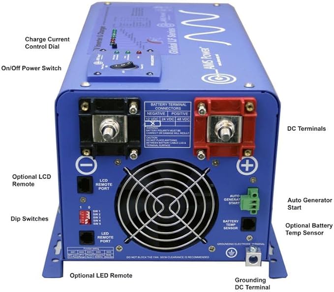AIMS Power 1000 Watt 12 VDC Pure Sine Inverter Charger 120 VAC Output 35A Charger 30A Transfer Switch PICOGLF10W12V120VR