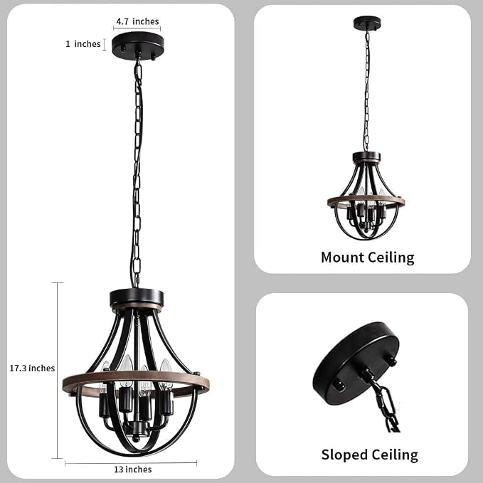 Chandeliers，Farmhouse Ceiling Chandelier Wood Black Modern Rustic Hanging Pendant Light Fixture with Chain for Dining Room Living Room Entryway Kitchen Island Bedroom Foyer Lighting（4-Light）