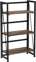 4NM No-Assembly Folding Bookshelf Storage Shelves 3 Tiers Vintage Bookcase Standing Racks Study Organizer Home Office (Rustic Brown and Black)