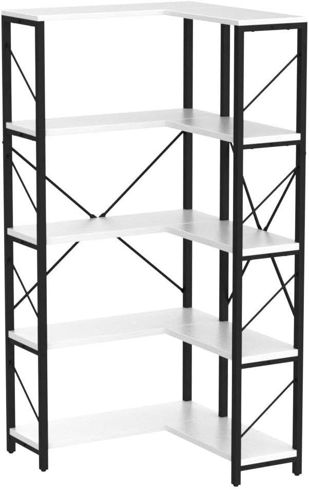 YITAHOME Corner Bookshelf, 5-Tier L-Shaped Bookcase Storage Organizer, Tall Open Display Freestanding Storage Rack Modern Book Shelf for Living Room, Bedroom, Home Office, White