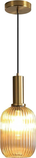KCO Modern Brushed Gold Mini 5.1” Cylinder Amber Ribbed Glass Pendant Light | E26 Bulb Hardwired, Adjustable Cord Mid Century Vintage Brass Hanging Ceiling Lamp for Sloped Ceiling Kitchen Dining Room Bar