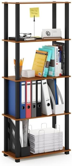 Furinno Turn-N-Tube 5-Tier Multipurpose Shelf / Display Rack / Storage Shelf / Bookshelf, Square Tubes, Light Cherry/Black