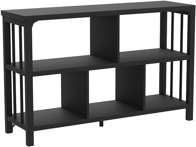 IBF Horizontal Cube Book shelf, Industrial Modern Open Bookshelf, Low Wide Home 5 Cube Storage Organizer Long Shelf for Bedroom, Short Wood and Metal Cubby Book Shelf for Living Room, Black Oak, 47 In
