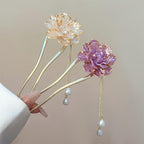 Vintage Pearl Chinese Hair Sticks, Pink and Gold Flower Design, Metal Hair Pins with Tassel, Traditional Oriental Style Hair Chopsticks for Women, 2 Pack