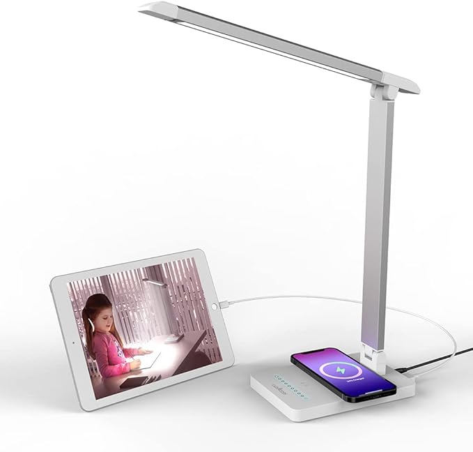 Eye-Caring LED Desk Lamp Table Lamp Reading Lamp Touch lamp with Wireless Charger and USB Port,Foldable Dimmable Small Table Desk Lamp for Living Room Bedroom Bedside Office Study,Modern White