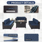 Patio Furniture Set with Fire Pit Table 8-Piece Outdoor Sectional Furniture Outdoor Rattan Patio Conversation Sets with 43in 55,000 BTU Propane Gas Fire Pit Table Glass Table, Navy Blue