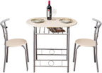 VINGLI 3 Piece Dining Set, Small Kitchen Table Set for 2, Breakfast Table Set, Kitchen Wooden Table with 2 Chairs for Small Space/Dining Room/Apartment, Metal Frame, Wine Rack, Beige