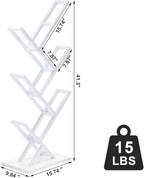 5 Tier Tree Bookshelf, Small Iron Corner Bookcase, Modern Book Shelf Storage Display Floor Standing Bookcase, Utility Organizer for CDs/Books/Home Office/Living/Bedroom Room- White