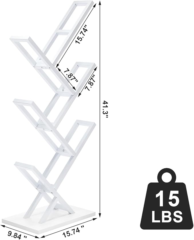 5 Tier Tree Bookshelf, Small Iron Corner Bookcase, Modern Book Shelf Storage Display Floor Standing Bookcase, Utility Organizer for CDs/Books/Home Office/Living/Bedroom Room- White