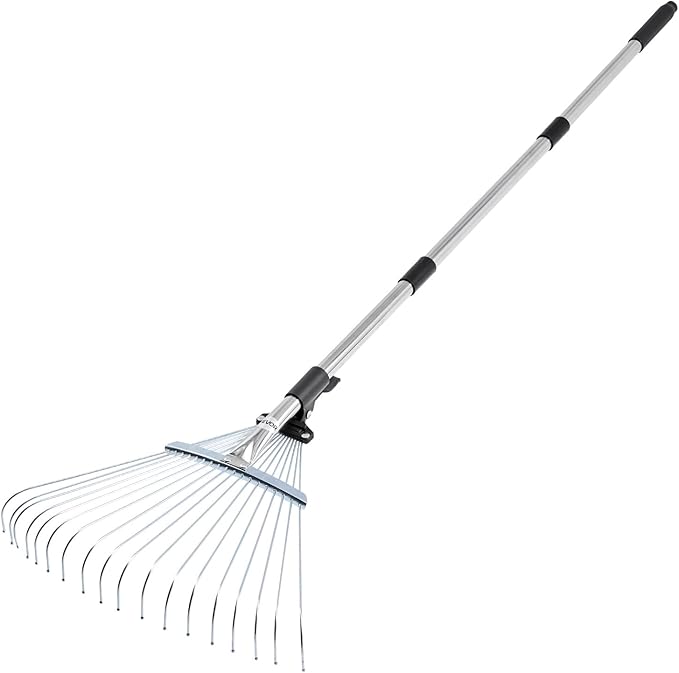 VEVOR Leaf Rake, 18 Metal Tines, Adjustable Garden Rake for Lawns with 7.7-17.1 Inch Head & 32.3-55.6 Inch Long Handle, Heavy Duty Stainless Steel Small Leaves Tool for Gardening Camping Yard Grass