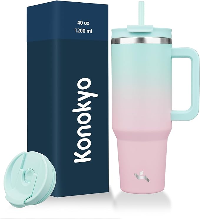 Konokyo 40 oz Insulated Tumbler Water Bottle with Handle, Straw Lid | BPA-free and dishwasher safe; made for gym, travel, coffee and gifting, 2 straws, cup holder friendly,Gum