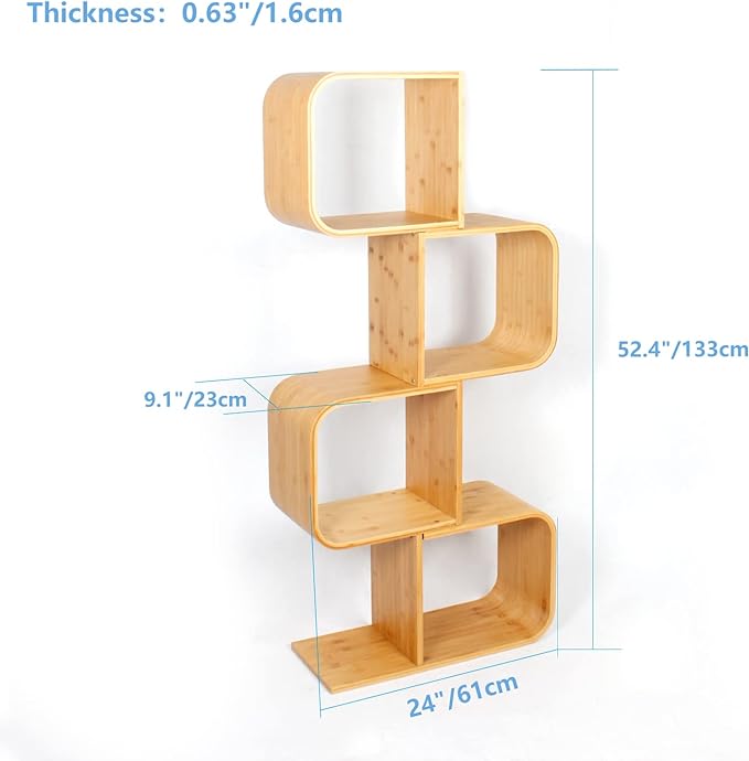 4-Tier S-Shaped Geometric Modern Bamboo Bookshelf, Large Capacity Creative Display Curved Rack Free-standing Bedside Table 2 in 1 Bookcase Storage CDs, DVDs Book Shelf for Home, Office, Living Room