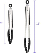 2 Pack Silicone Kitchen Tongs, 9 & 12 Inch, Stainless Steel, Black