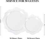 100 PCS White Disposable Plates for 50 Guests, Scalloped Plastic Plates Include 50 Dinner Plates and 50 Dessert Plates for Party, Wedding