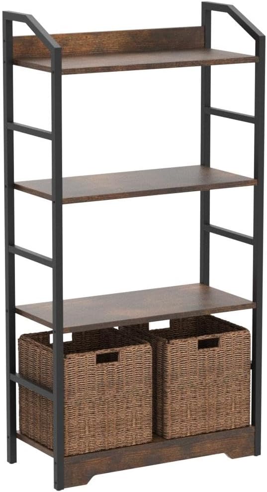 Vagusicc 4 Tier Bookshelf with 2 Storage Baskets, Tall Bookcase Shelf Storage Organizer Wood Book Shelf, Modern Shelf Rack Shelves with Steel Frame, Multipurpose Bookshelf for Bedroom Living Room