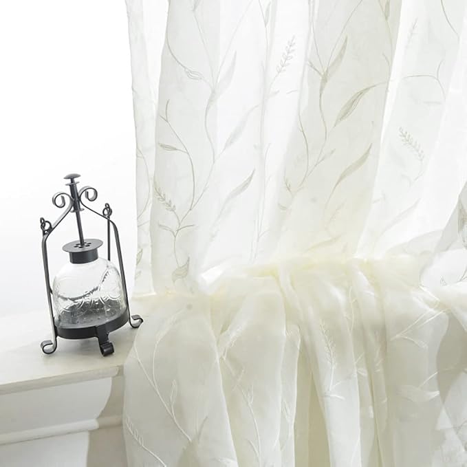 White Rod Pocket Sheer Curtains 96 inches Length Embroidered Window Curtain Sheer Voile Panels for Living Room & Bedroom, 60x96, Two Panels