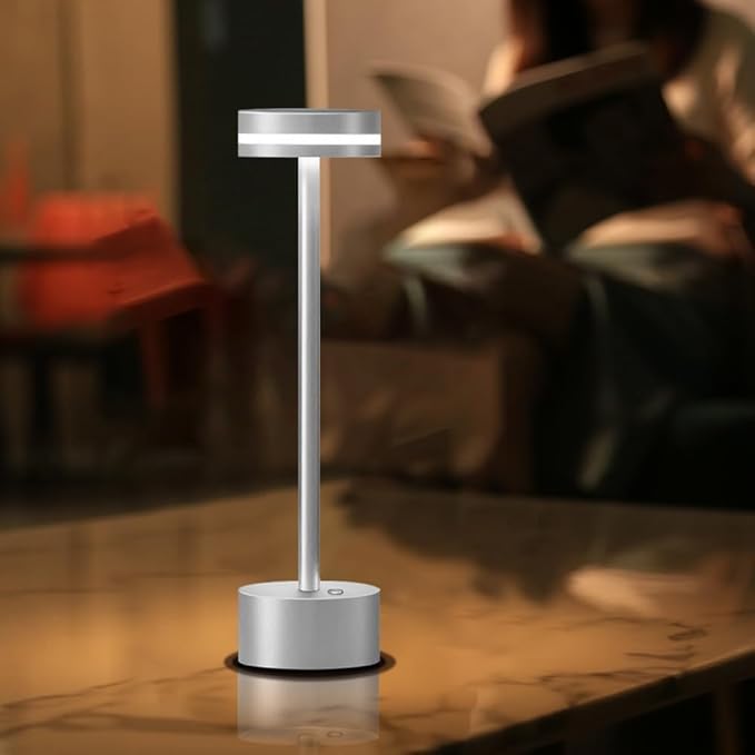 Cordless Metal Desk Lamp,Portable LED Table Lamp with Touch Sensor,3 Color Rechargeable Lamp,3-Levels Brightness Lamp,Night Light for Kids Nursery,Bedside Lamp,Dining Room Lamp (Silver)