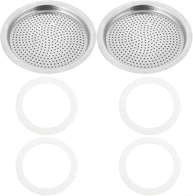 Moka Pot Replacement Parts Set with 2 Stainless Steel Filters and 4 Silicone Gasket Seals for 3 6 9 Cup Espresso Maker Coffee Accessories(6Cup)
