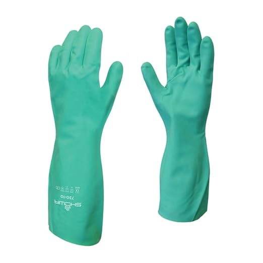 SHOWA 730 Chemical Resistant Gloves, 15-mil Nitrile with Cotton Flock Liner, 13-inch Extended Gauntlet, Bisque Grip, CE Cat III & Food Safe, Green, Small, 1 Pair