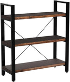 3 Tier Bookcase, Solid Wood Bookshelf Rustic Vintage Industrial Etagere Bookcase, Metal and Wood Free Vintage Bookshelf, Retro Brown (Real Wood) (3-Tier)