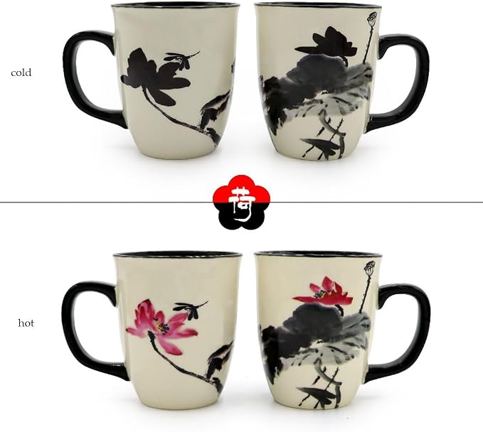 Funny Ceramic Magic Heat Color Changing Art Coffee Tea Mug Lotus Printing Porcelain Mugs for Women Personalized White Green Tea Cup 16 oz Large Coffee Mug for Mom Girl Grandma And Man