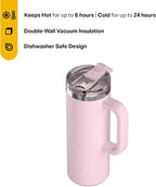 RTIC 20oz Road Trip Travel Mug with Lid and Handle, Ceramic Lined, Insulated, Stainless Steel, Metal, Double Wall Vacuum-Insulation, Portable Coffee, Tea Cup for Hot and Cold Drink, Pale Pink