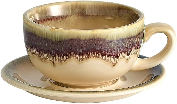 Coffeezone Vintage Design 12 oz Ceramic Latte Art Cappuccino Barista Cup with Saucer (Brown)