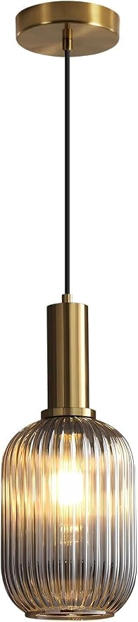 KCO Farmhouse Small 5.1” Smoke Gray Ribbed Cylinder Glass Pendant Light | E26 Bulb Hardwired, Adjustable Cord MCM Vintage Ceiling Hanging Lamp for Sloped Ceiling Kitchen Island Dining Room Bedroom