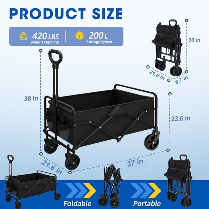 Wagons Carts Foldable, Collapsible Wagon with All-Terrain Wheels 420lbs Weight Capacity Heavy Duty Utility Wagon with Drink Holders for Beach, Garden, Camping, Shopping Groceries, Sports