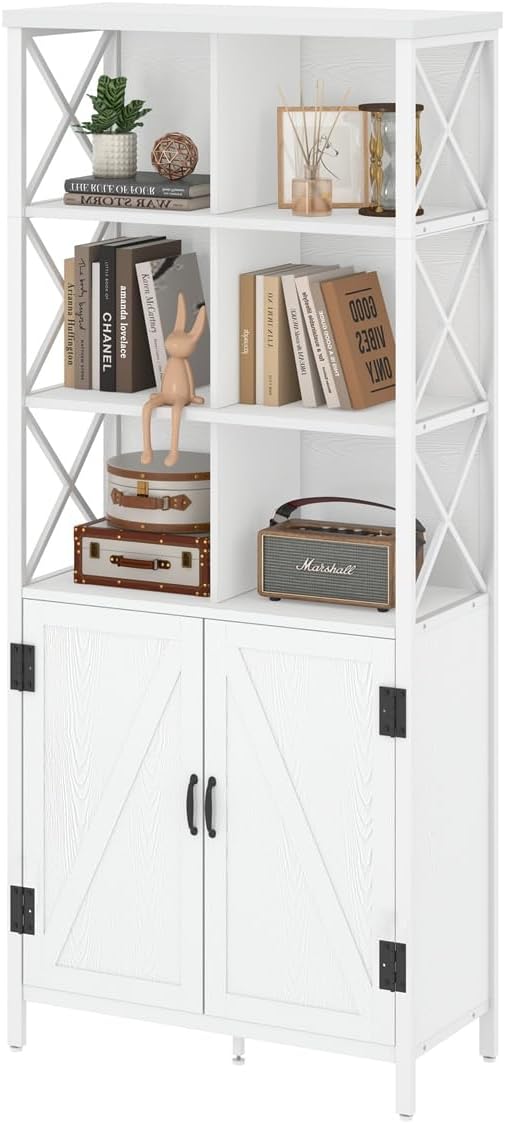 FATORRI Bookshelf with Doors, Modern Tall Bookshelf with Cabinet, Wood Book Shelf and Farmhouse Organizer Storage BookCase for Living Room (White Oak)